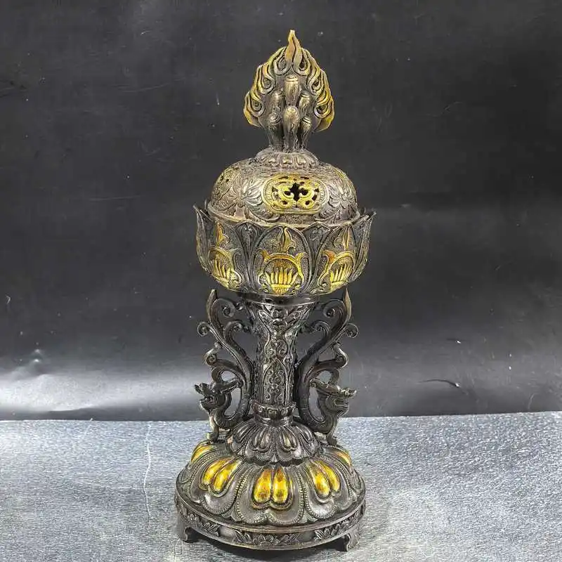 Pure copper gilded lotus pedestal , antique Tibetan- tantric incense burner for worship, Zen-style decoration