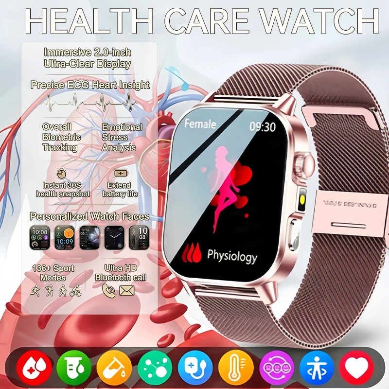 

2026 Fashion Health Smart Watch Men 2.01"AMOLED ECG Physical Examination Fat Uric Acid Heart Rate BT Call Smartwatch For Ladies