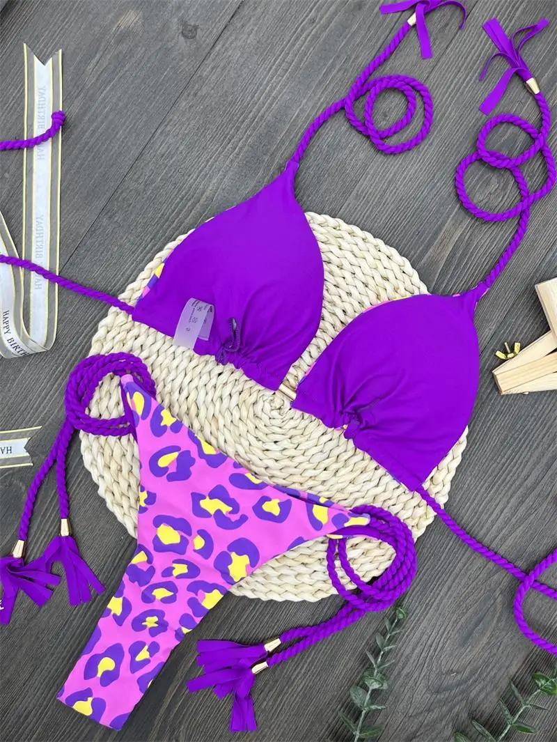 Bikini con estampado de cuerda tejida para mujer, traje de baño Sexy, brasileño, para playa y vacaciones, 2 colores