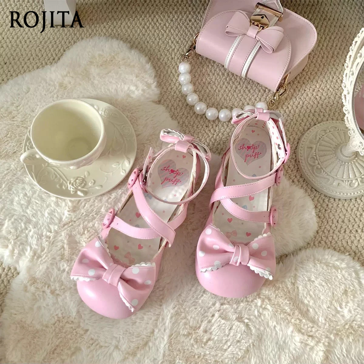

Polka Dot Bowknot Single Shoes Sweet Girl Japanese Style Mid-Low Heel Lolita Pink Small Leather Shoes Women Cross Strap Shoes