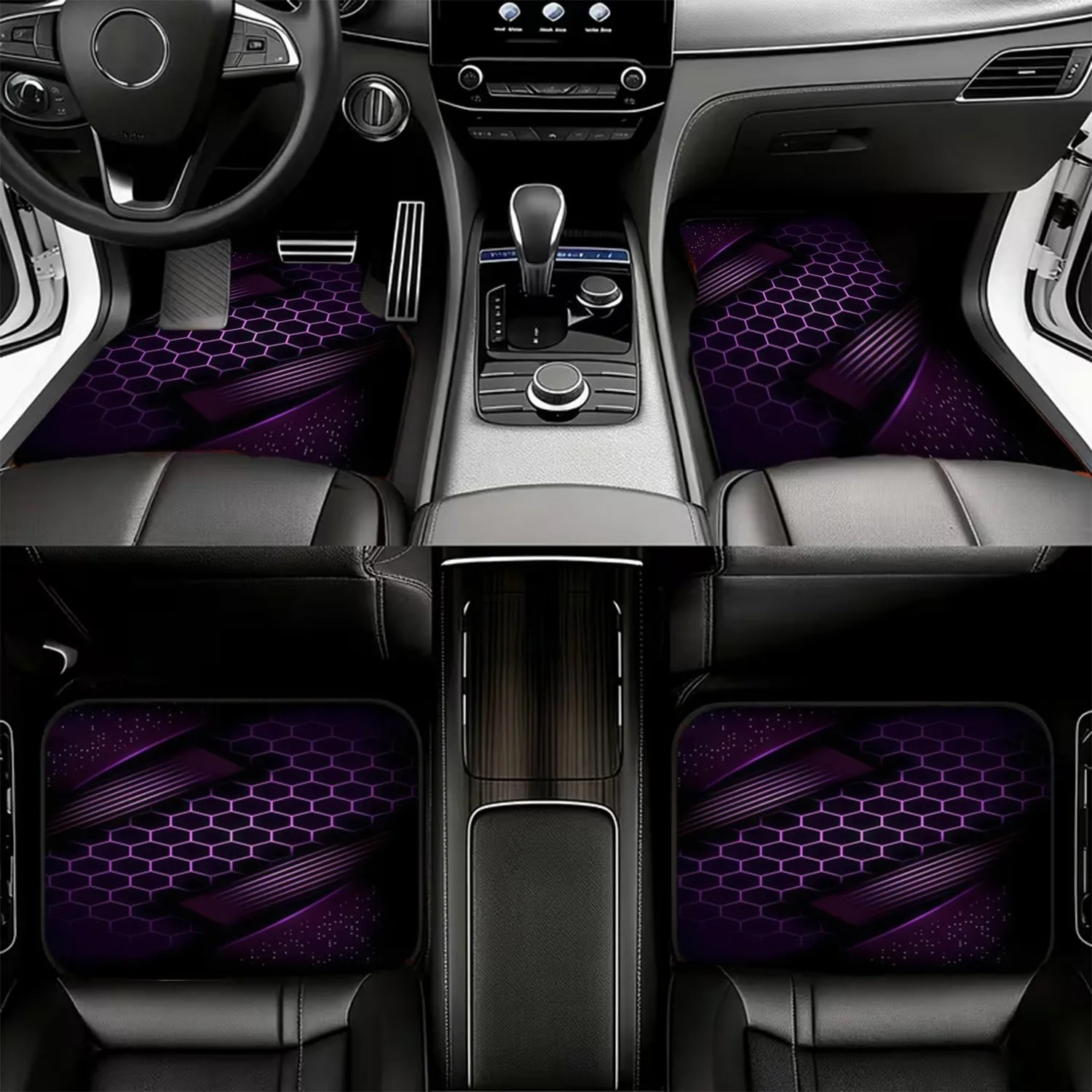 4pcs Polyester Fiber Material Car Floor Mats, Futuristic Hexagonal Grid Design, Dark Purple & Black Background, Car Interior Mat