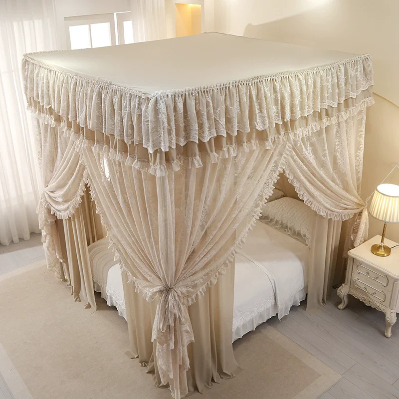 Foure Season Double Layers Palace Mosquito Net with Frame Luxury Jacquard Lace Bed Curtain Tent for Girl Bedroom