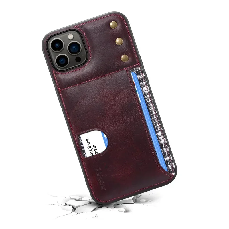 Funda trasera de cuero con ranura para tarjeta para teléfono, carcasa de lujo con cera de aceite, Estilo Vintage, para iPhone 12, 13, 14 Pro MAX, FF-15C