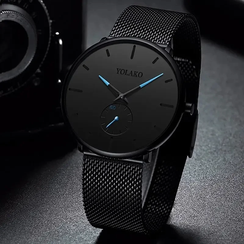 YOLAKO Mens Fashion Minimalist Watches Men Business Casual Quartz Watch Simple Male Stainless Steel Mesh Band Clock Reloj Hombre