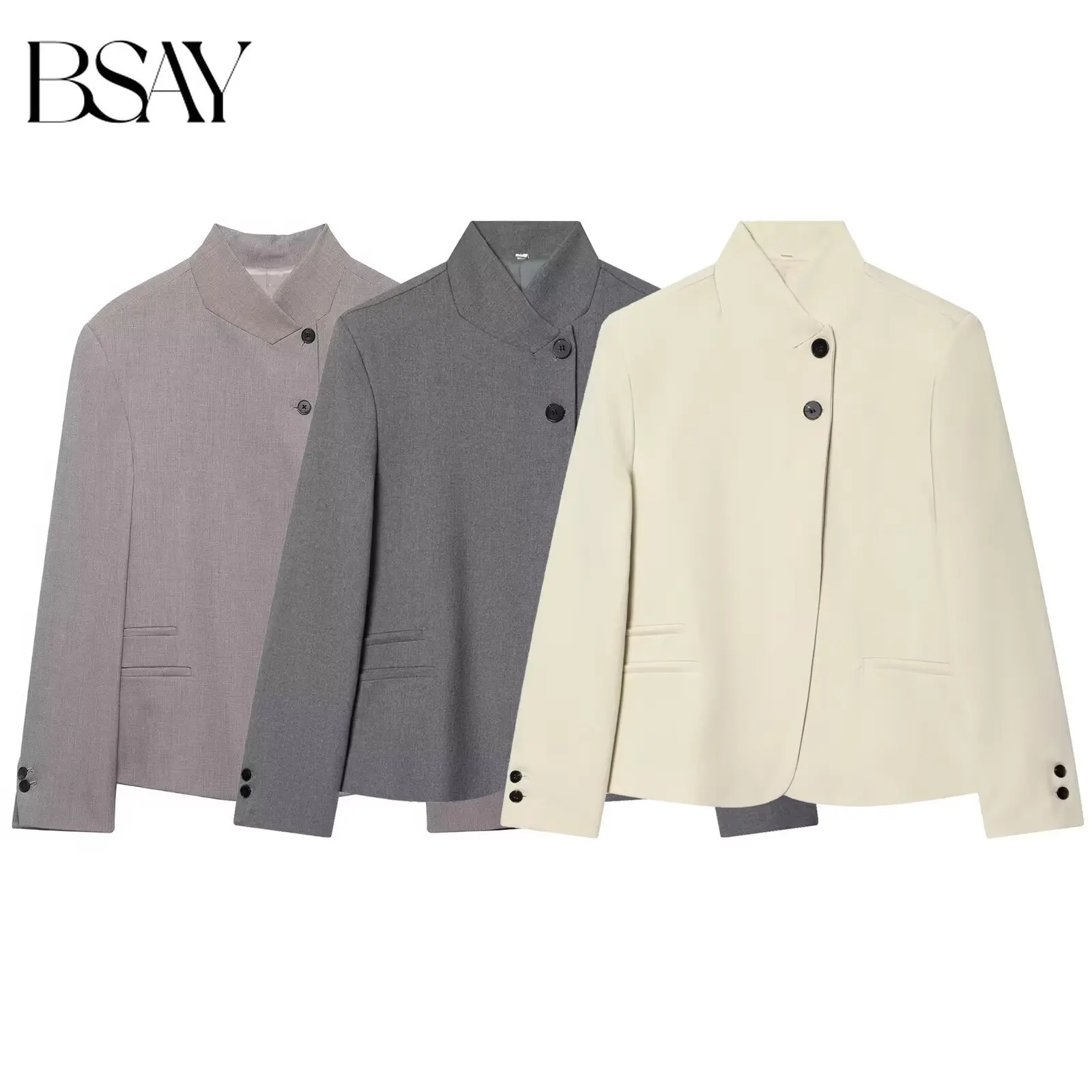 Damen Casual Blazer Neu 2026 Frühling Hochkragen Langarm mit Schulterpolstern Damen Anzugjacke Büro-Dame Schlichte Schicke Mäntel