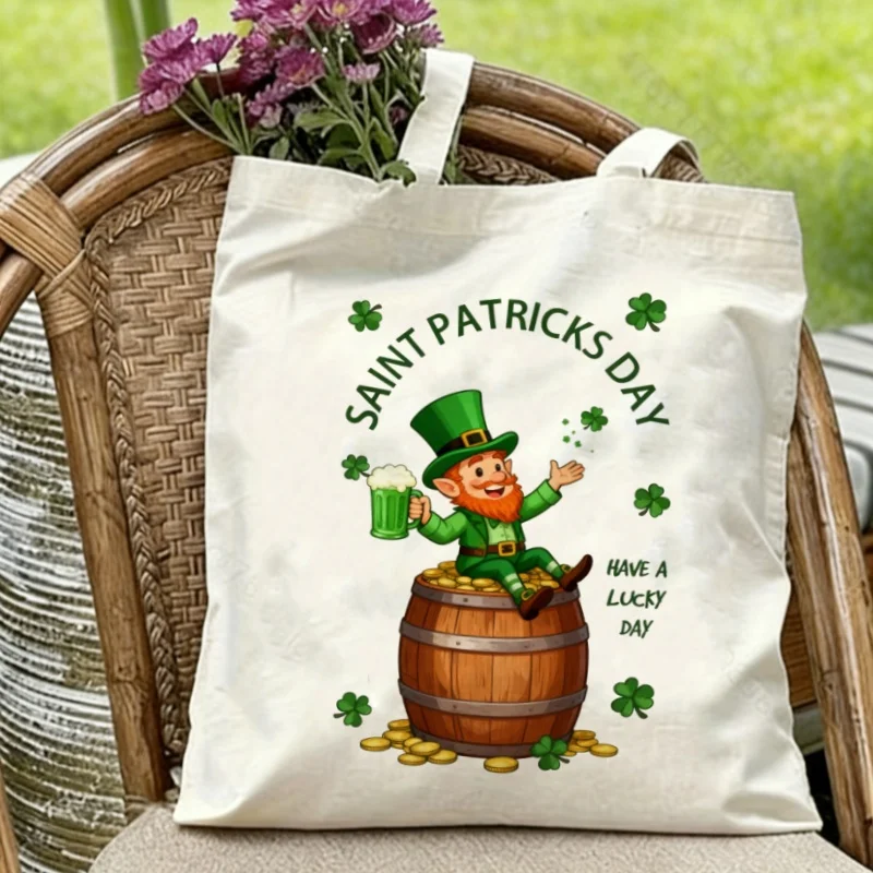 

1PC St. Patrick's Day Leprechaun & Clover Canvas Tote Bag Eco-friendly Reusable Shoulder Bag for Lucky Day