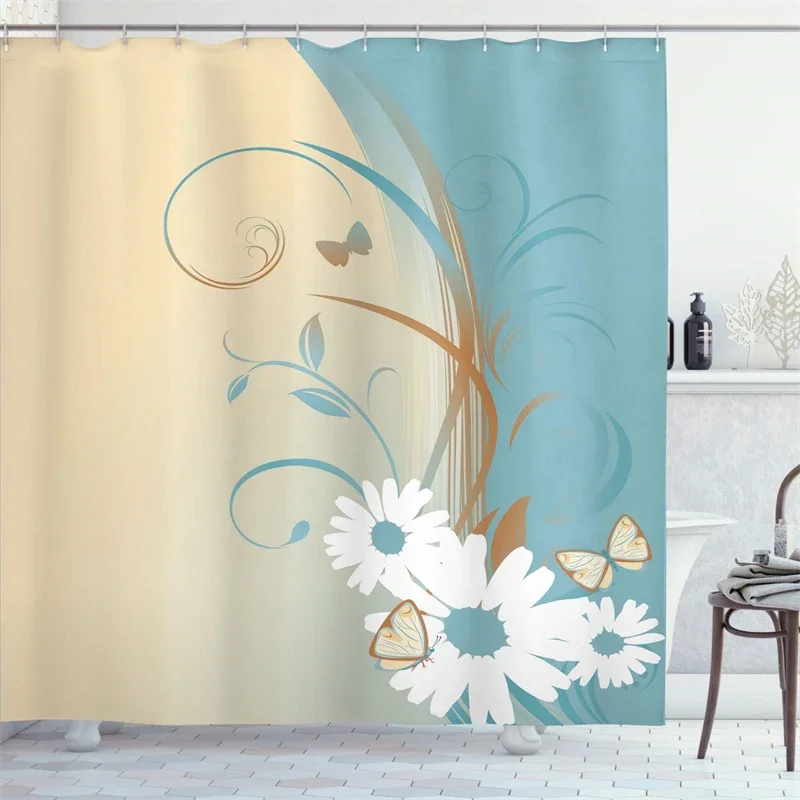 Gradient Shower Curtain Liner, Flying Butterflies, Chamomile, Nature Style Fabric, Waterproof Bath  with Hooks