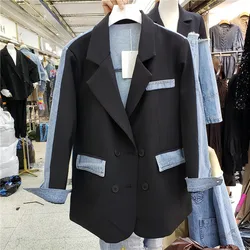 Autumn Vintage Suit Splicing Loose Mid Long Denim Blazer Women Big Pocket Suit Collar Outwear Female Patchwork Jeans Jacket Coat