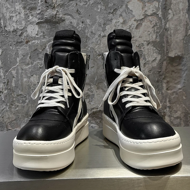 

Men Black White High Top Board Shoes Side Zipper Height Increase Anti Slip Wear-resistant Comfortable Fashionable Boots