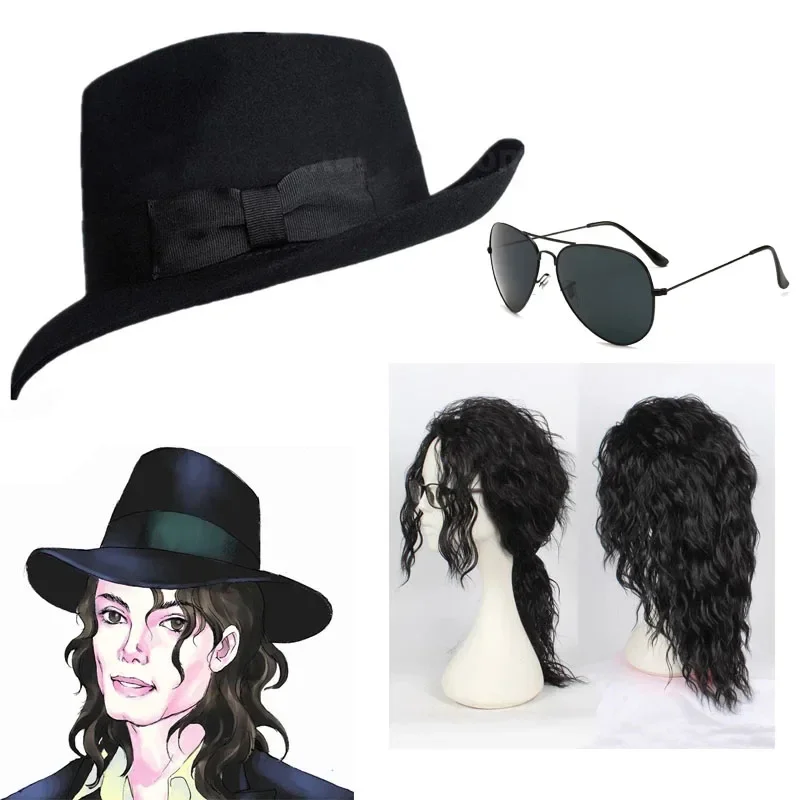 Michael Jackson concert dance hats classic black wide hat with jazz brim knight hats With wig High quality wool hat wool 1: 1