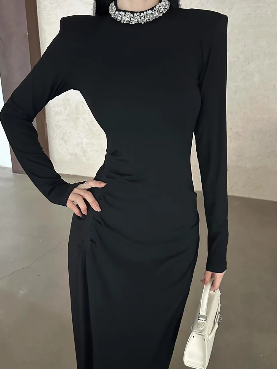 

TWOTWINSTYLE Solid Spliced Diamonds Slimming Dresses For Women O Neck Long Sleeve High Waist Temperament Dress Female Fashion