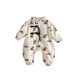 2024 Sommer Kleinkind Mädchen Jungen Overall Baby Stram pler chinesischen Stil Panda bedruckte Kleidung