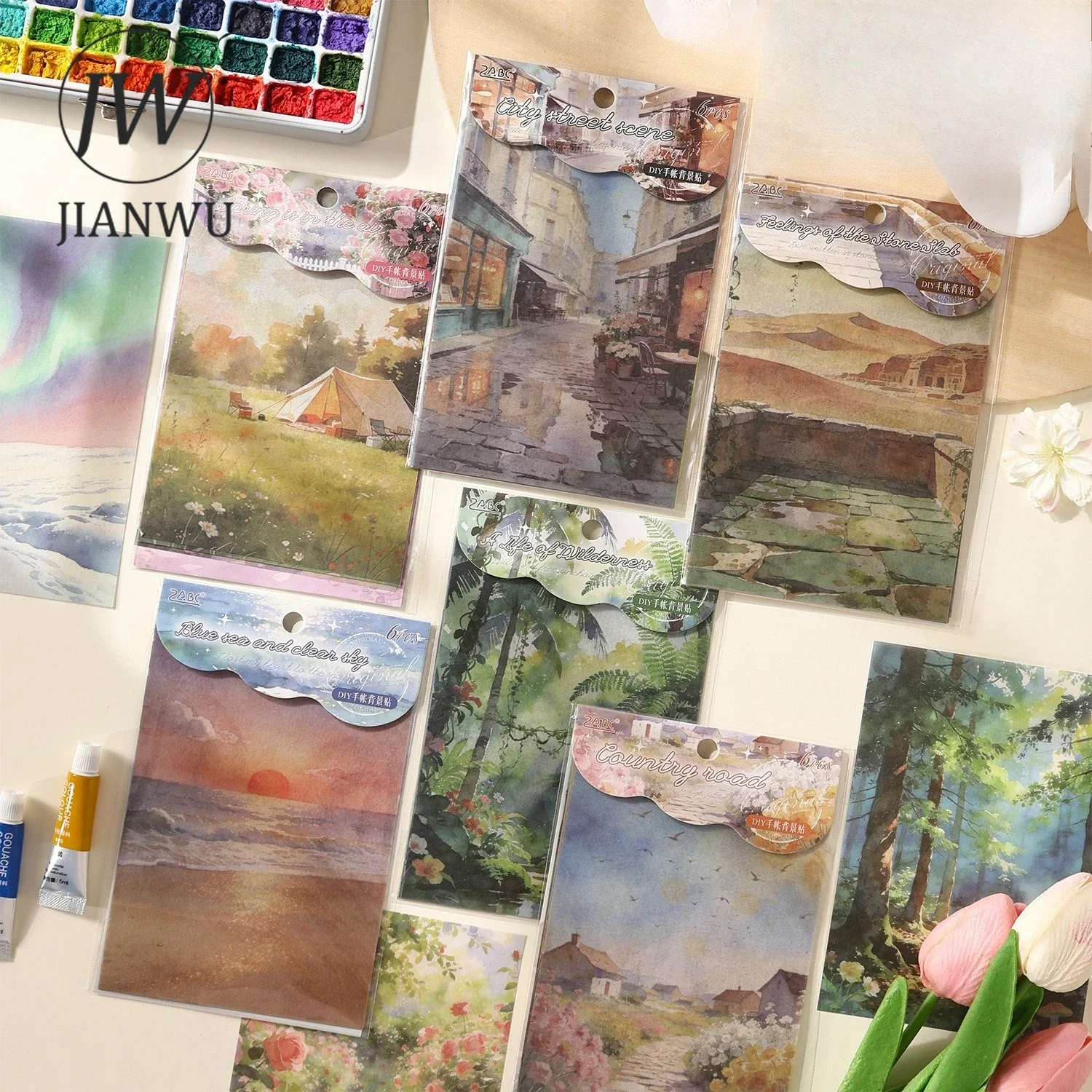 JIANWU Vintage Flower Forest Sea Oil Painting Landscape Material Collage Scrapbooking Sticker Creative DIY Journal Stationery