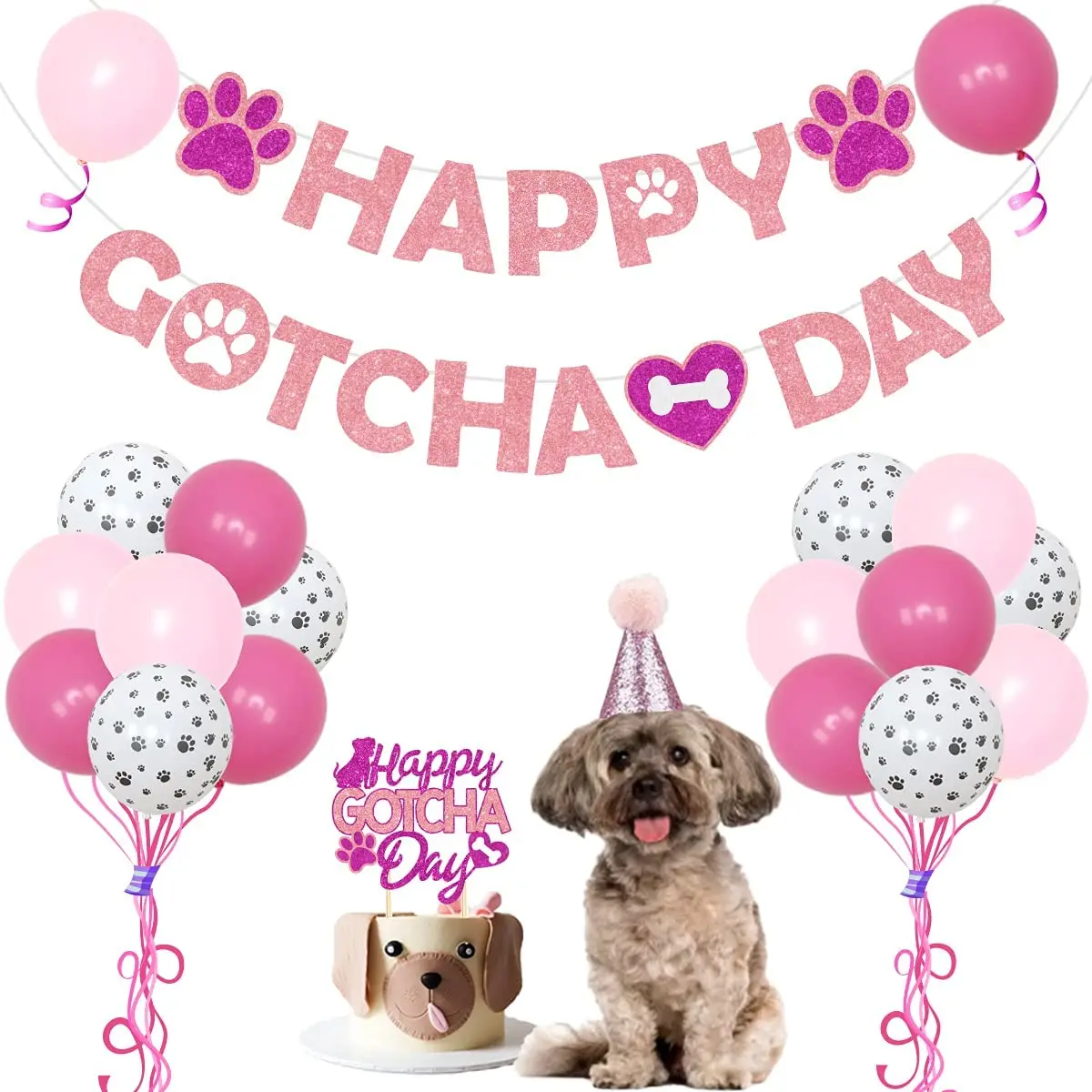 

Cheereveal Pet Dog Theme Party Decorations Pink Happy Gotcha Day Banner Cake Topper Balloons Set for Holiday Party Supplies