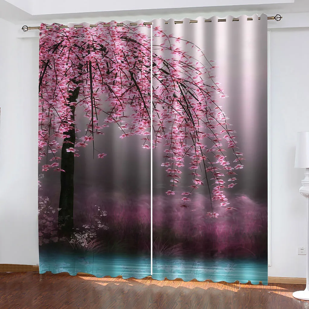 HUANZHUANG Curtains For Houses Rooms Pink Flower Tree Print Curtains Living Room Drapes Window Curtains Bedroom Accessories 2