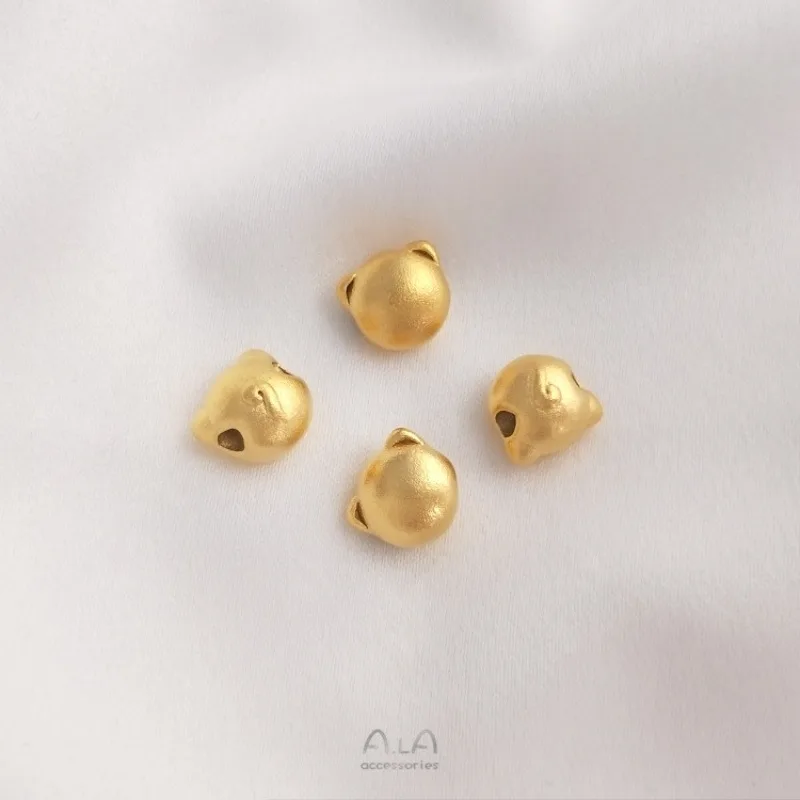 Strong Color Retention Sand Gold Round Cat Head Through Hole Beaded Cat Head Pendant Handmade DIY Beaded Bracelet Accessories