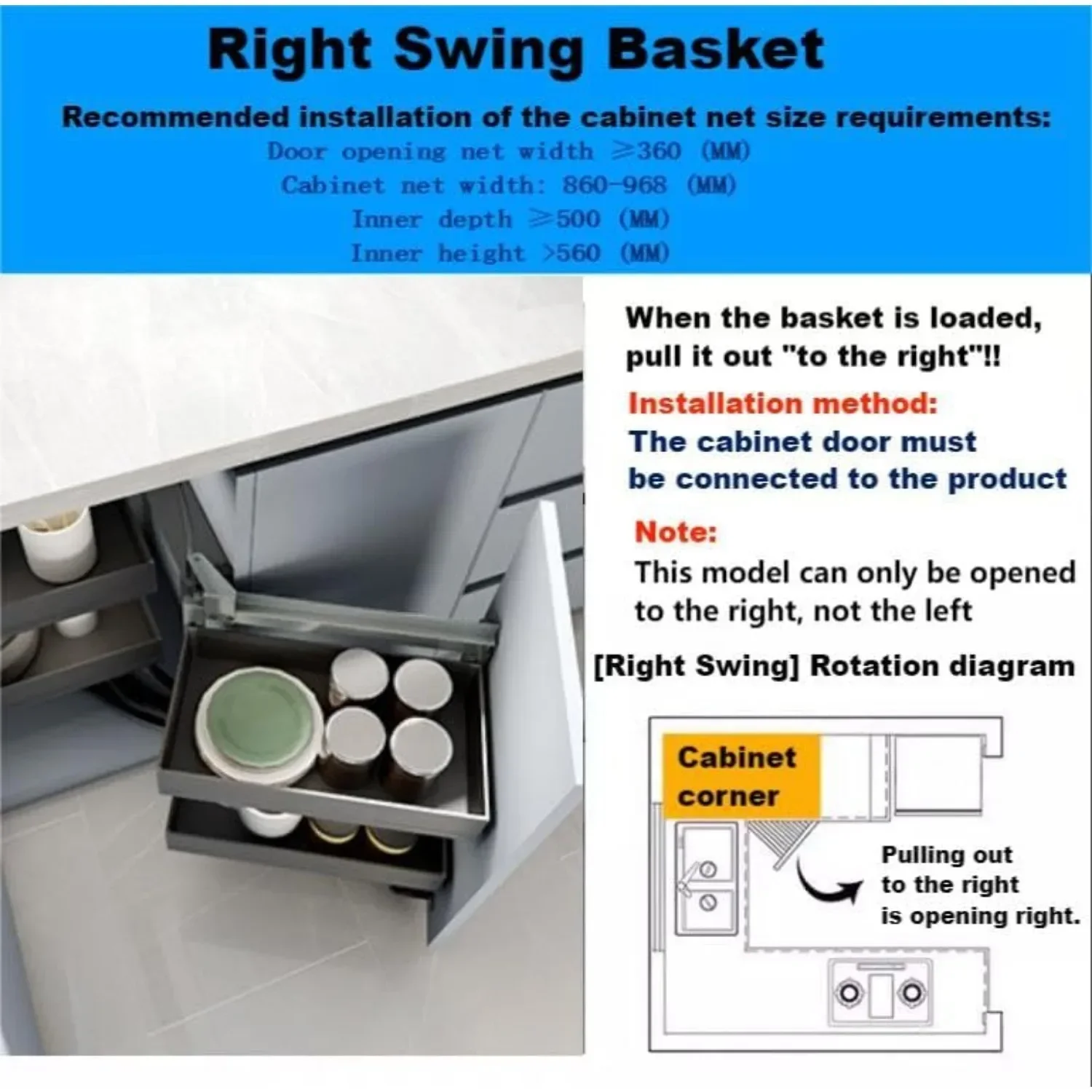Pull Out Cabinet Organizer Right Swing,2 Tiers Slide Out Kitchen Cabinet, Opening Chrome Soft Close Blind Corner with Four Shelf