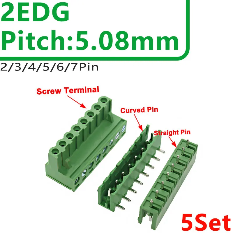 5 زوج 5.08 مللي متر 2EDG 2/3/4/5/6/7/8/9/10/12Pin PCB برغي محطة كتلة سلك موصل 300V10A مستقيم منحني دبوس