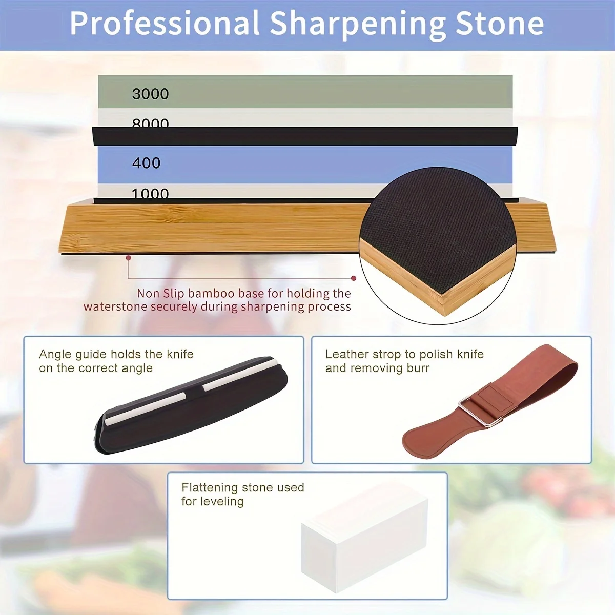 Sharpening Stone  Set 4 Side Grit 400/1000 3000/8000, Premium  Knife Sharpener, Knife Sharpening Stone Kit with Bamboo Base