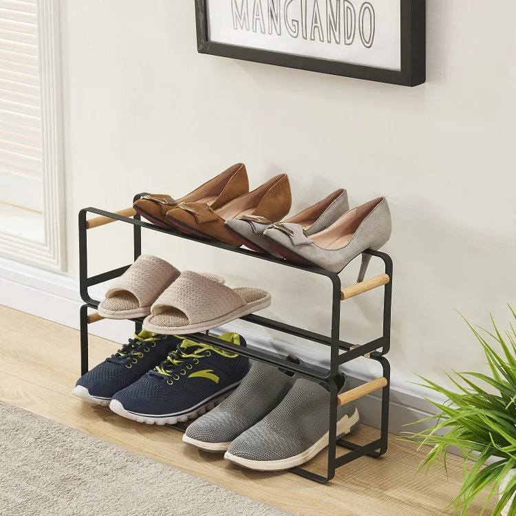 

Simple iron art rubber wood position type shoe rack home combined storage shoe rack