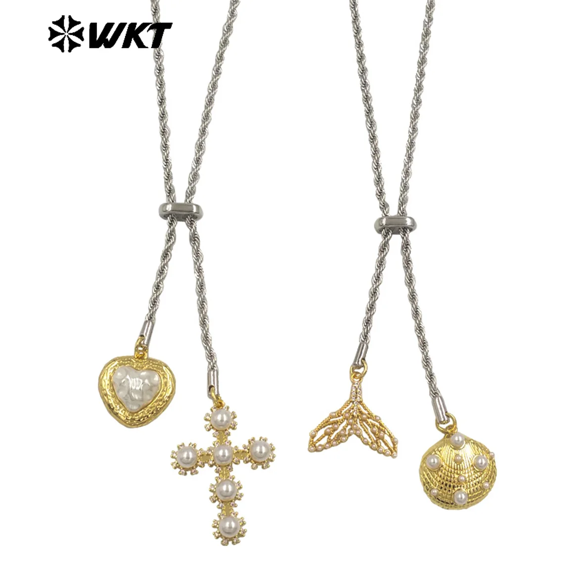 

WT-JFN55 Lovely Fish Tail Heartshape And Cross Charms In Brass&Artificial Pearl Paved Pendant Silver Necklace For Couple ACC