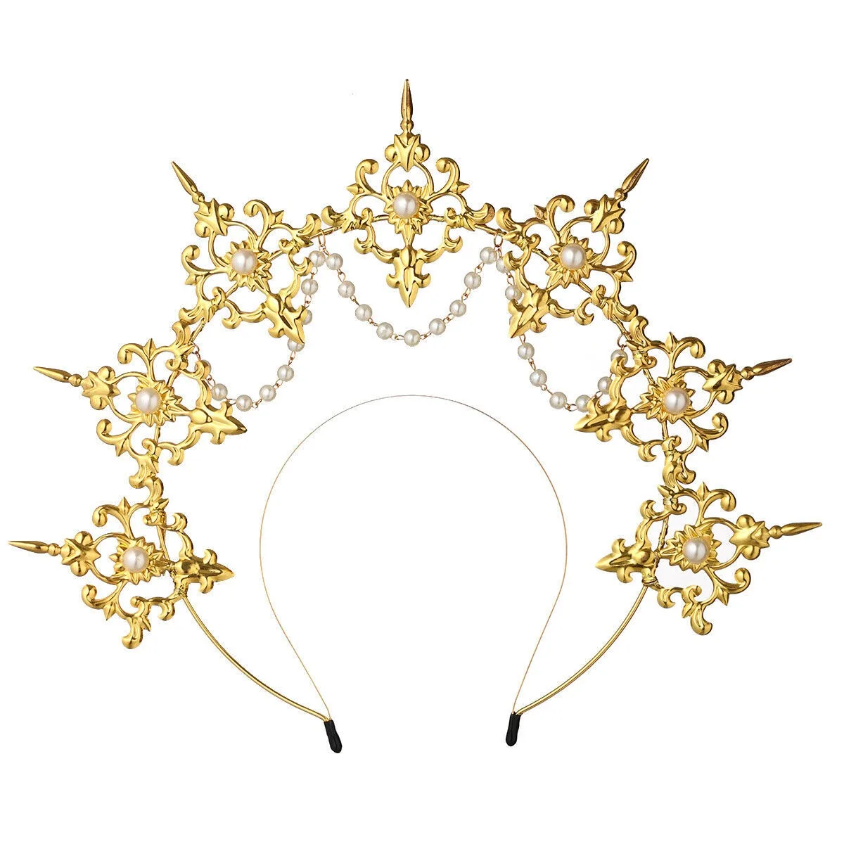 

Gothic KC Halo Crown Headpiece Goddess Virgin Mary Gold Spiked Halo Headdress Baroque Bead Chain Headwear Hair Accessories
