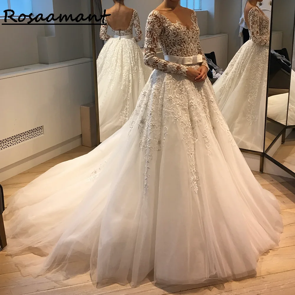Роскошные милые свадебные платья трапециевидной формы с длинными рукавами Иллюзия 3D Аппликации Кружевные деревенские свадебные платья