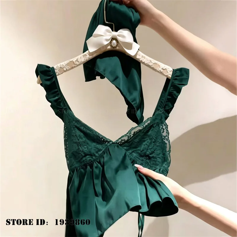 Trendy Women Pajamas Set Intimate Lingerie Sexy Patchwork Lace Suspender Pijamas Suit Homewear Summer New Satin Nightwear Pyjama