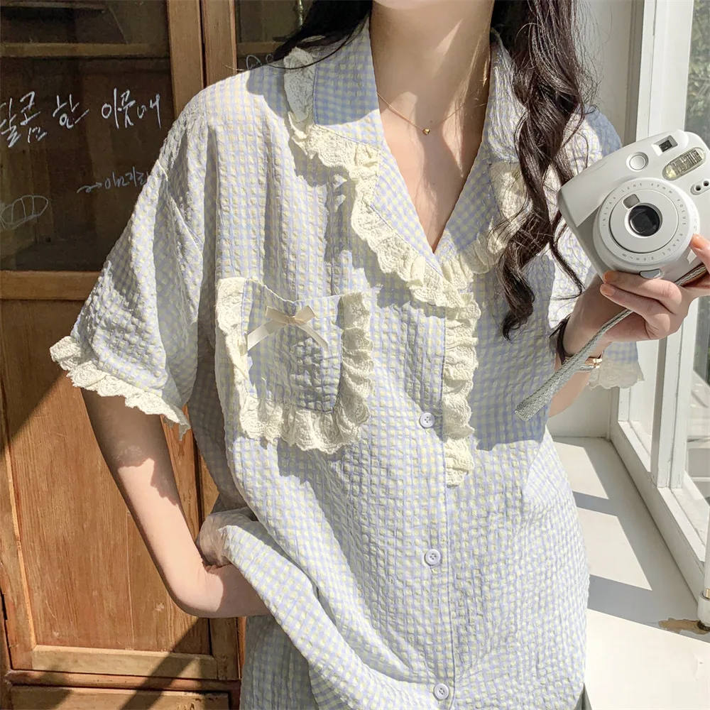 Summer Casual Plaid Pajamas Women Sweet Lace Short Sleeve Shorts Loungewear Women 2024 New ins Korean Style