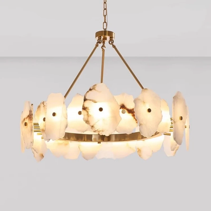 Solid Brass Spanish Marble Chandelier for Restaurant Living Room High Ceiling Pendant Light Bedside Background Decor Lighting