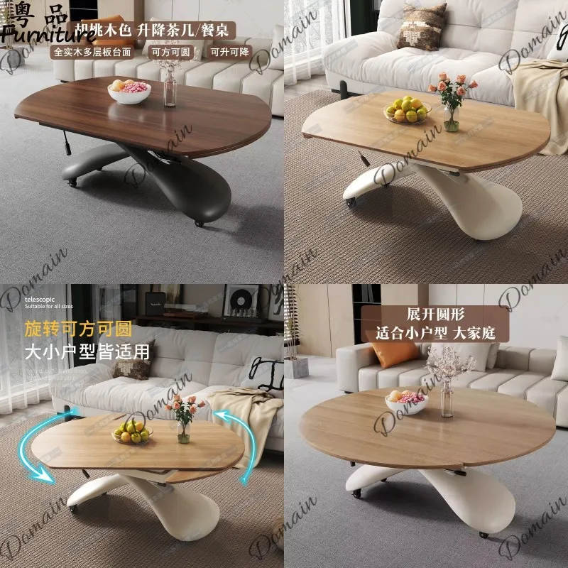 Living Room Lift Top Coffee Table, Walnut Solid Wood Mobile Tea Table for Small Space, 2-in-1 Multifunctional