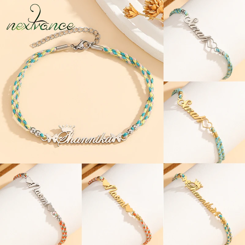 

Nextvance Personalized Custom Name Bracelet For Women Girl Colorful Braided Rope Chain Stainless Steel Nameplate Jewelry Gifts