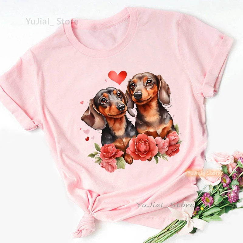 

Love Dachshund Dog Animal Printed T Shirt Girls Kawaii Beagle/Chihuahua Tshirtwomen Summer Fashion Short Sleeve T-Shirt Female