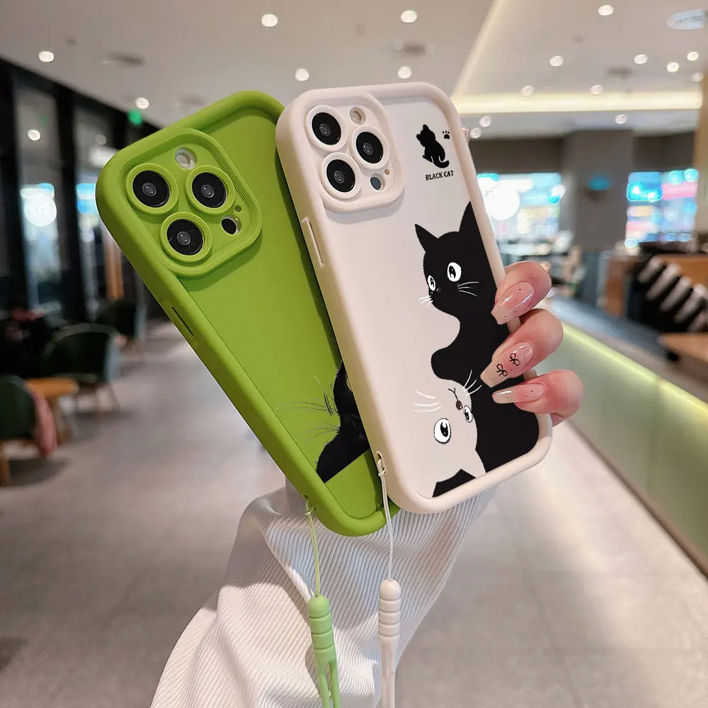 Cartoon Black Cat Phone Case for OPPO Realme 8 8i 7i 11 C11 C12 C15 C20 C21Y C31 C33 C35 C53 C55 C67 4G 5G Cover With Hand Strap