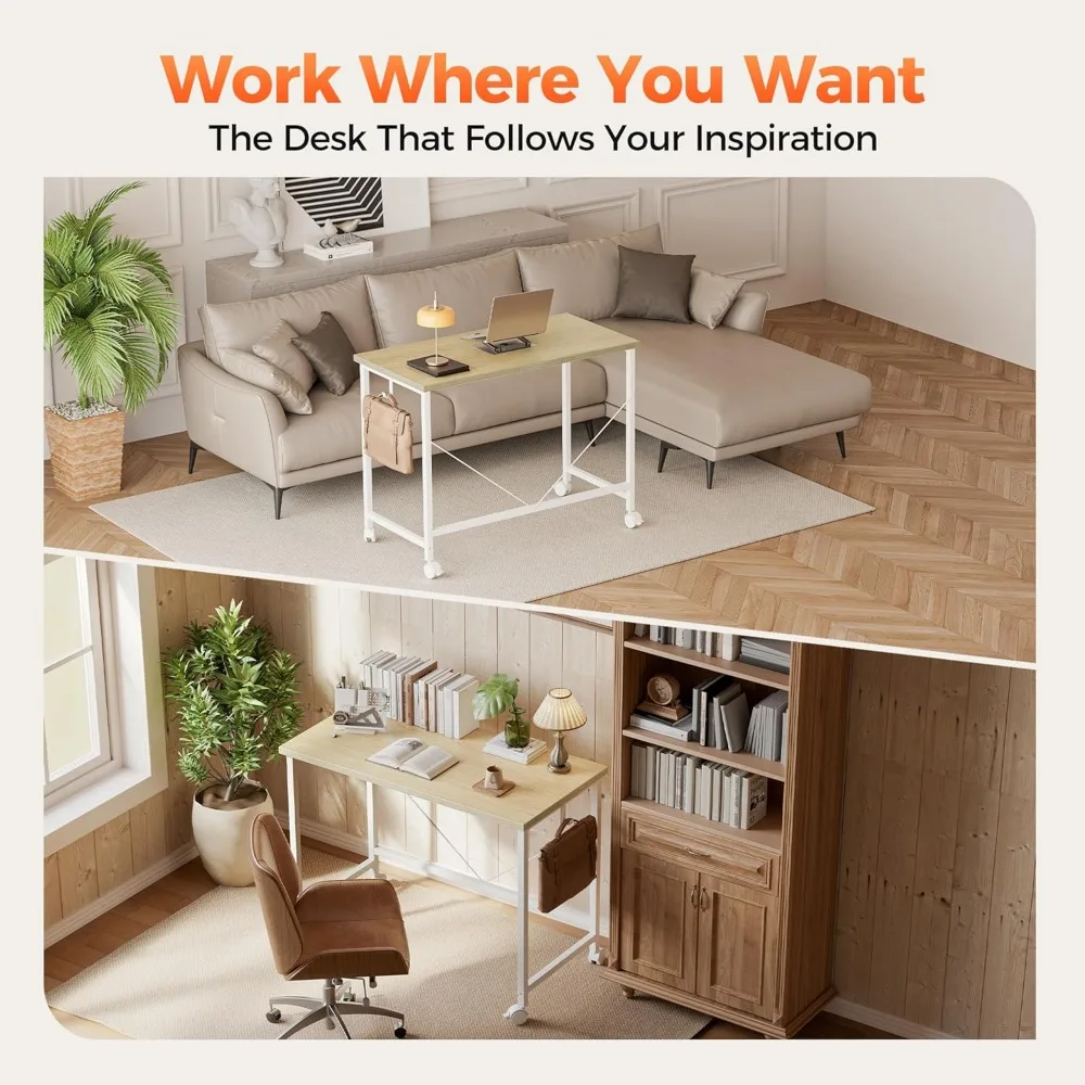 Gaming Computer Desk 48 x 24 with Wheels for Small Spaces, Modern Style Home Office Study Table