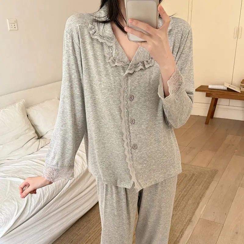 2026 New Pajamas for Women New Spring and Autumn Modal Lace Small Lapel Cardigan Long-sleeved Two-piece Home Clothes