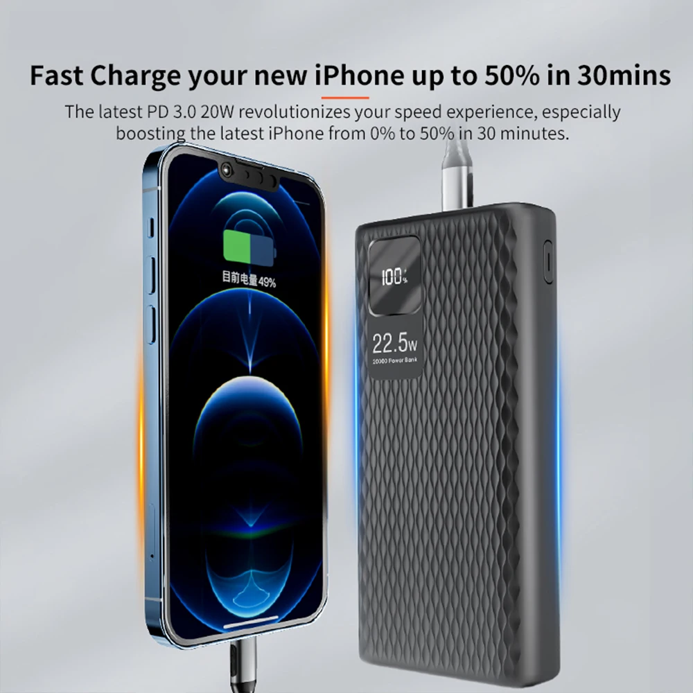 Power Bank 20000mAh USB C Portable Charger Fast Charging, 20W PD +22.5W QC  LED Display Phone Battery Pack For Iphone ,Samsung
