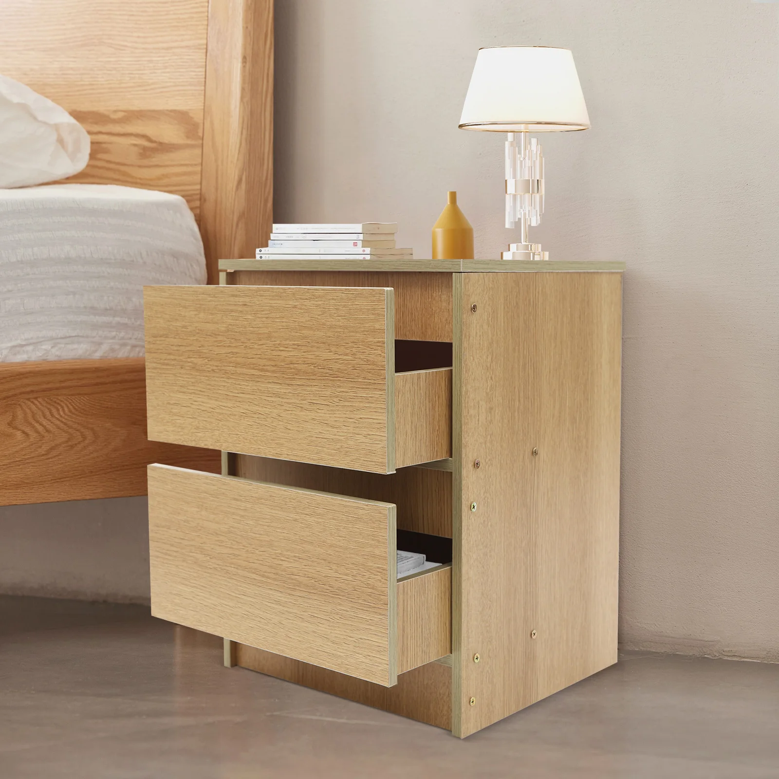 Nachttisch, Beistelltisch mit 2 Schubladen, spurloses Design, Kunstholzplatte, Nachttisch für Schlafzimmer, Kleiderschrank, Eingangsbereich, Studentenwohnheim, Eichenholzfarbe