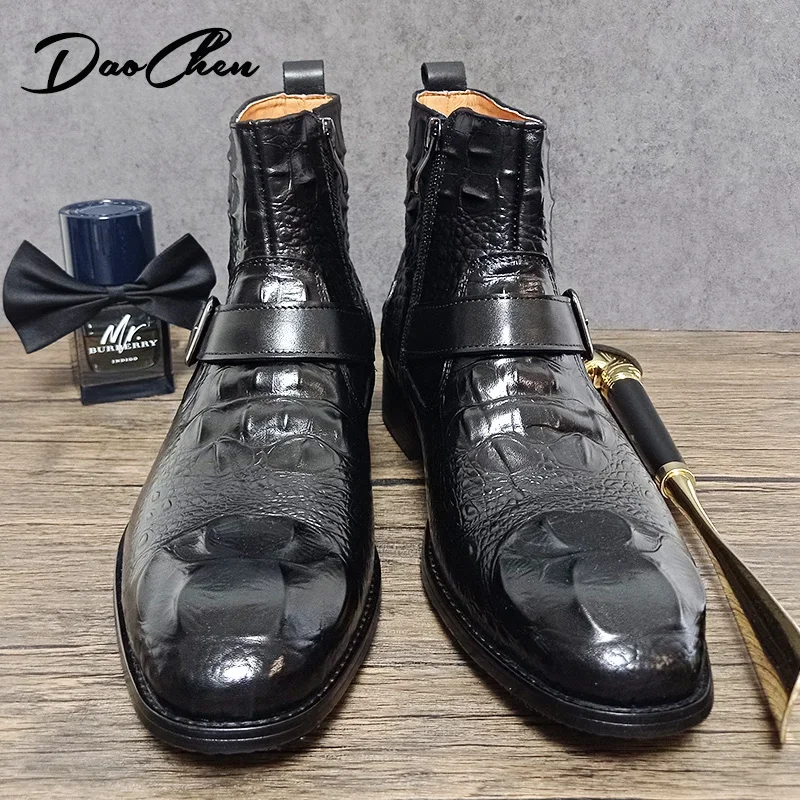Luxury Men Ankle Boots Shoes Black Burgundy Crocodile Printed Zip Chelsea Buckle Strap Leather Shoes Dress Boots For Men