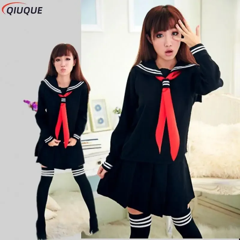 Qq45JK uniformes estudiantes de escuela japonesa vestido de moda trajes de marinero negro azul marino conjunto para niñas disfraz Cosplay Top falda cuello