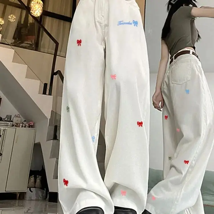 Summer American Jeans Embroidery Lazy Style Thin Wide Legged Trousers For Women Loose Versatile Floor Mopping Casual Pants