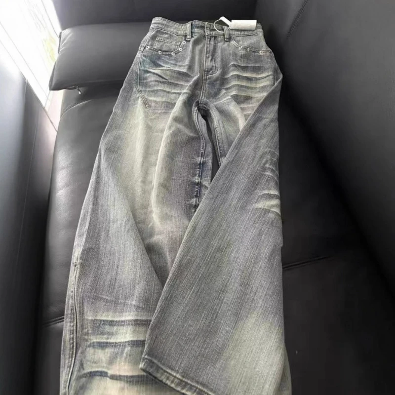 

Женские широкие брюки, джинсы, потертые однотонные свободные брюки с низкой талией, уличная одежда, повседневные потертые джинсовые брюки полной длины, женские осенние брюки