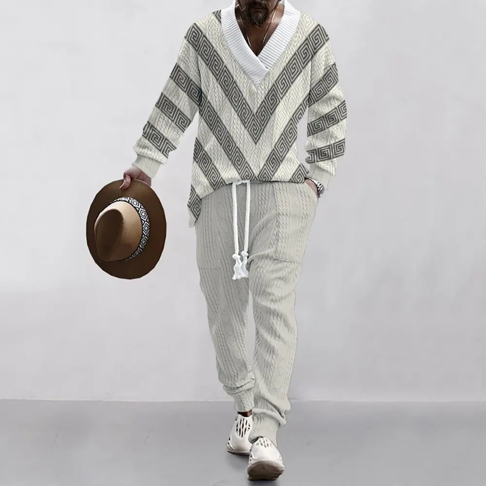 2024 Amazon cross-border new men's casual trousers V-neck versatile knitted sweater autumn suit