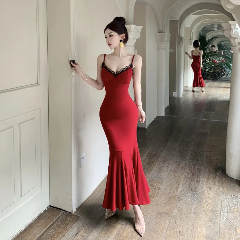 الرغبة النقية مثير الدانتيل الخامس الرقبة فستان بروتيل المرأة S ذيل السمكة فستان طويل