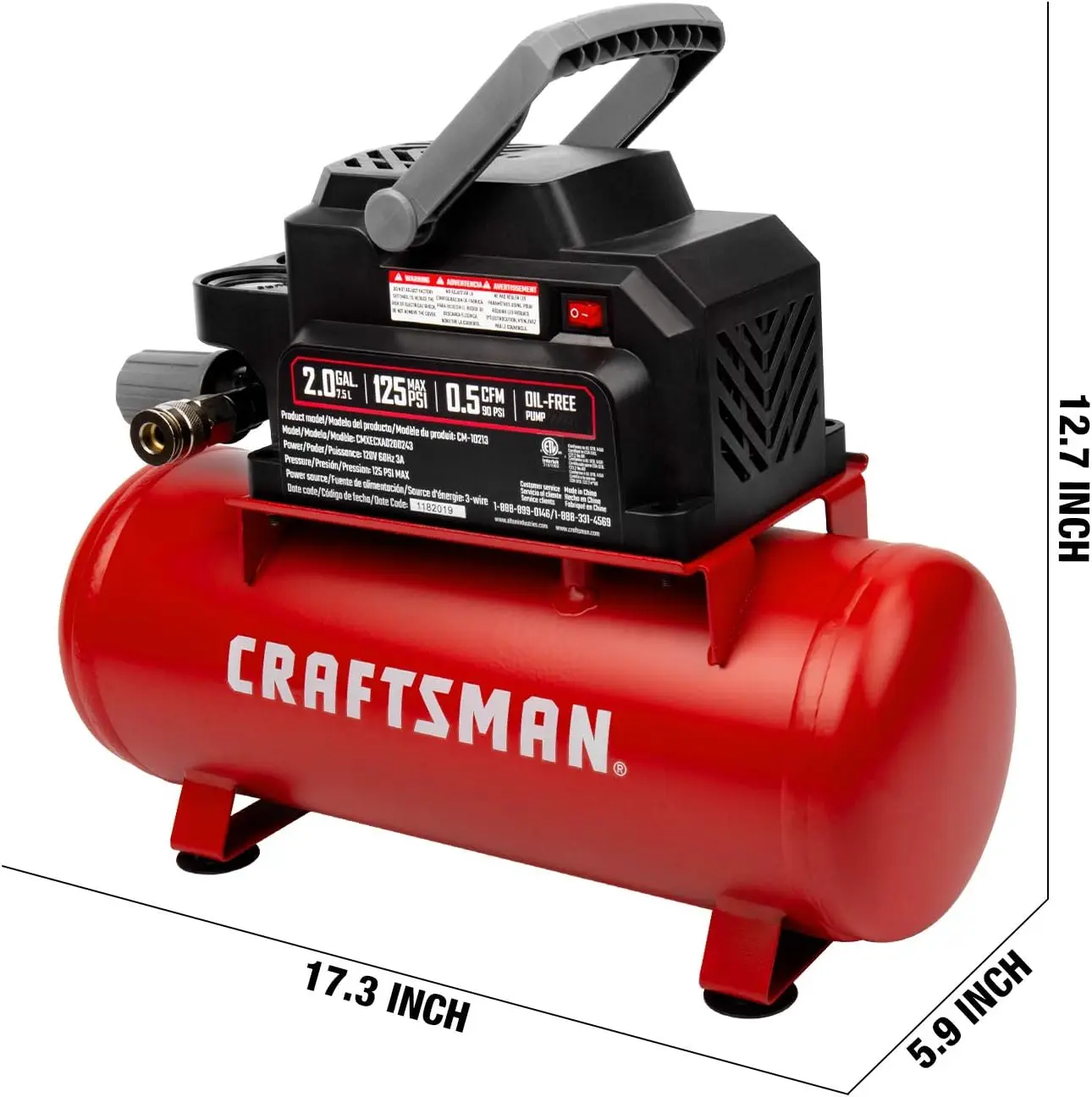 Luchtgereedschap, 2 Gallon Draagbare Luchtcompressor 1/3 Pk Olievrije Max 125 Psi-Druk, Hotdog, Model: Cmxecxa0200243