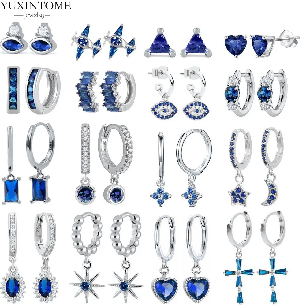 

925 Sterling Silver Needle Luxury Blue Zircon Hoop Earrings for Women Heart/Evil Eye/Star Charms Earrings Anniversary Jewelry