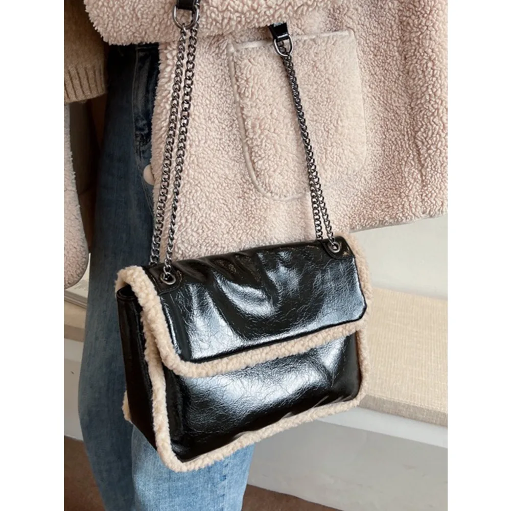 

Touch to Daily Outfits Chic Black Patent Shoulder Bag Silver Chain Strap | Perfect for Adding a Trendy | Faux Shearling Trim