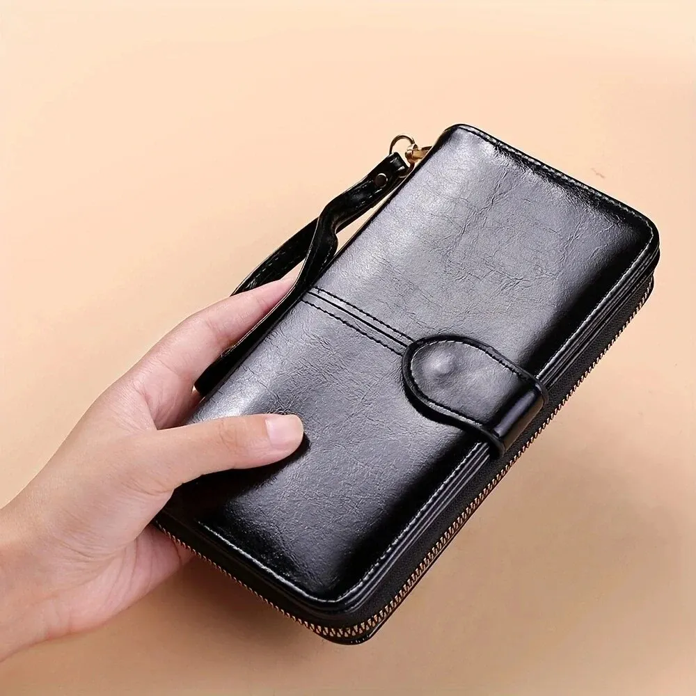 Portfel damski Vintage Oil Wax PU Leather Clutch Wallet Female Large Capacity Phone Purse Ladies Wristband Simple Card Holder Pouch Bag