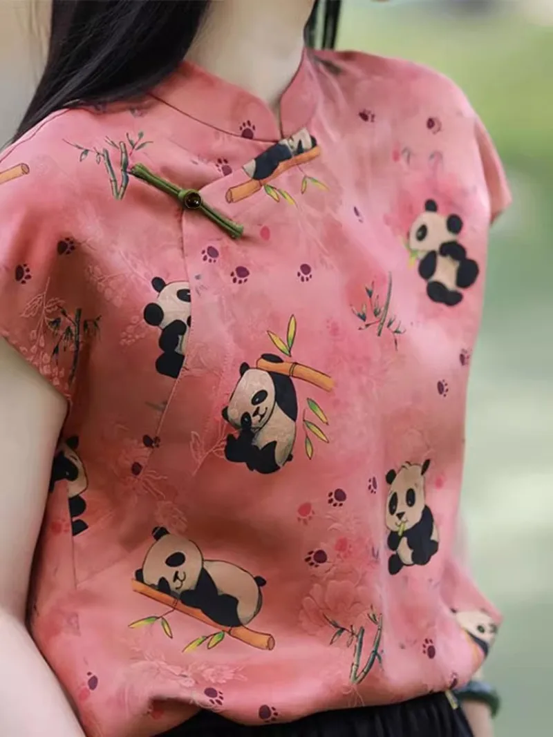 Blusas femininas estilo chinês panda estampa camisas vintage moda slim roupas de verão manga curta tops femininos