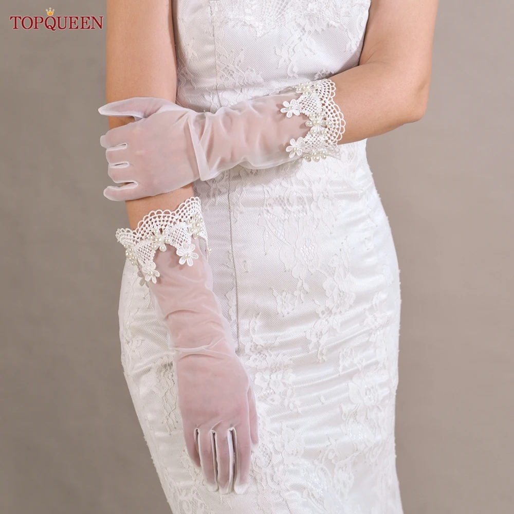 

TOPQUEEN High Quality Bridal Lace Gloves 3d Pearl Flower Wedding Gloves Elbow Length Cream White Wedding Accessories T55